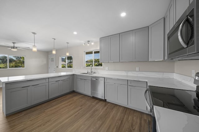 kitchen with kitchen peninsula, dark wood-type flooring, gray cabinetry, and stainless steel appliances