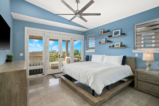 bedroom featuring access to outside, ceiling fan, french doors, and lofted ceiling