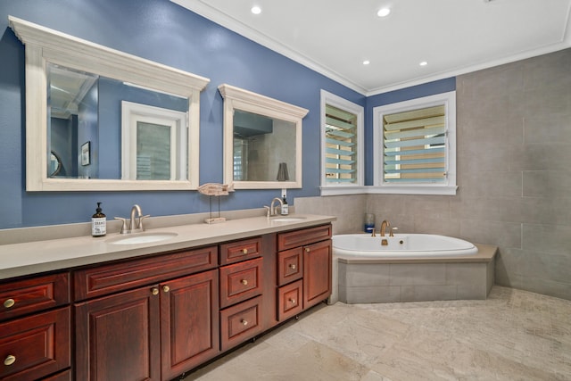 bathroom featuring vanity, a relaxing tiled tub, and crown molding