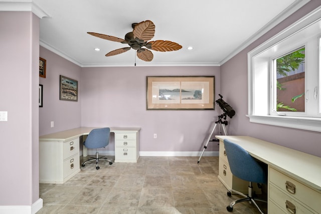 office with ceiling fan and ornamental molding