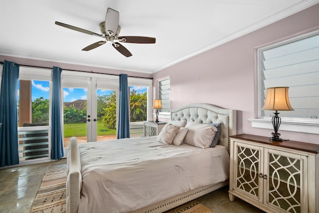 bedroom featuring access to outside, multiple windows, crown molding, and ceiling fan