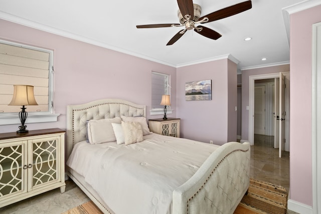 bedroom with ceiling fan and crown molding