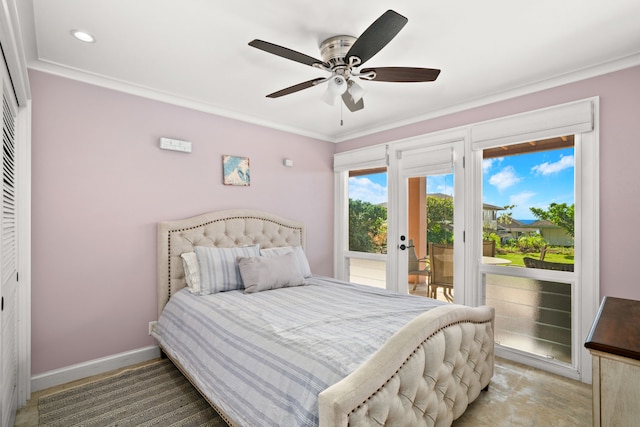 bedroom featuring access to outside, ceiling fan, a closet, and crown molding