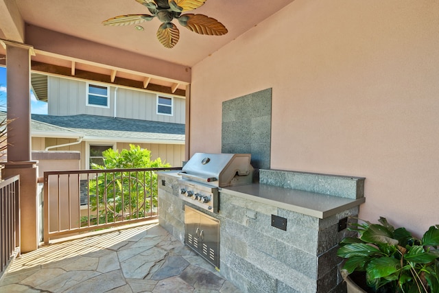 view of patio with a grill, ceiling fan, and area for grilling