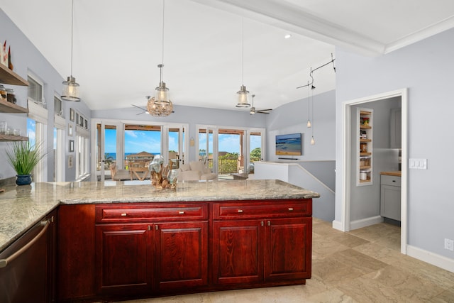 kitchen featuring light stone countertops, ceiling fan, stainless steel dishwasher, pendant lighting, and vaulted ceiling