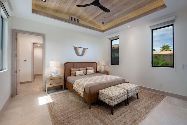 bedroom featuring a raised ceiling, ceiling fan, wooden ceiling, and lofted ceiling