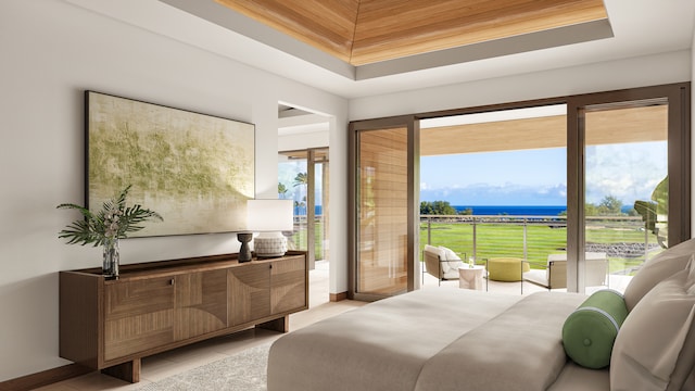 bedroom with access to exterior, a water view, wooden ceiling, and light tile patterned flooring