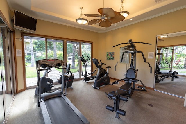 exercise area with ceiling fan, crown molding, and a tray ceiling