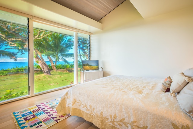 bedroom featuring hardwood / wood-style floors and vaulted ceiling