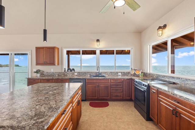 kitchen with a healthy amount of sunlight, a water view, sink, and black / electric stove