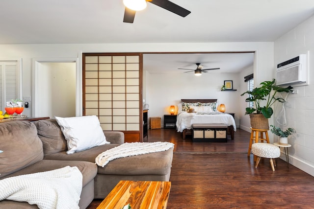 bedroom featuring an AC wall unit, ceiling fan, and dark wood-type flooring