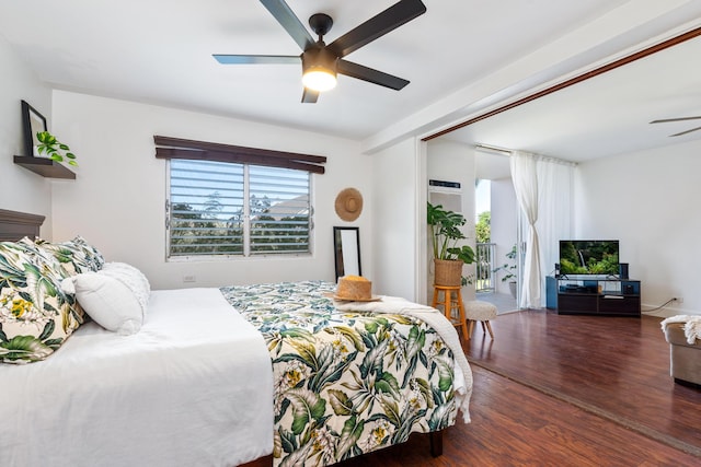 bedroom with access to outside, ceiling fan, and dark wood-type flooring