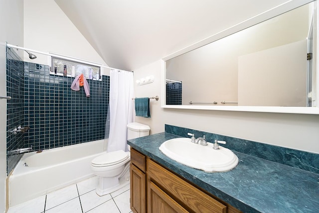 full bathroom featuring lofted ceiling, tile patterned flooring, vanity, shower / tub combo, and toilet