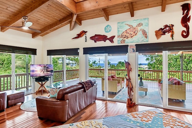 living room featuring ceiling fan, light hardwood / wood-style floors, lofted ceiling with beams, and wood ceiling