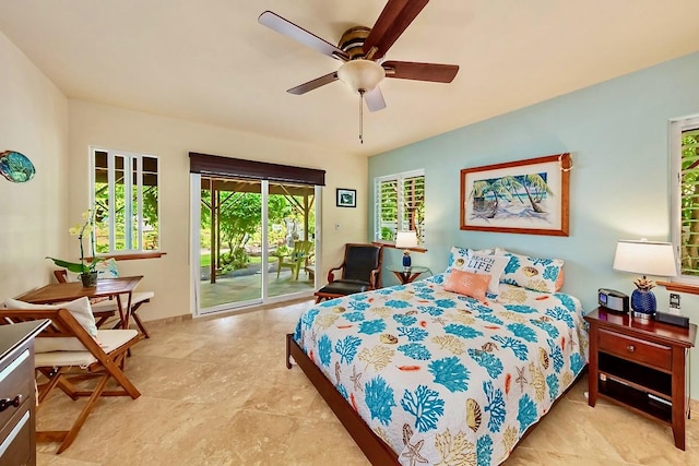 bedroom with ceiling fan and access to exterior