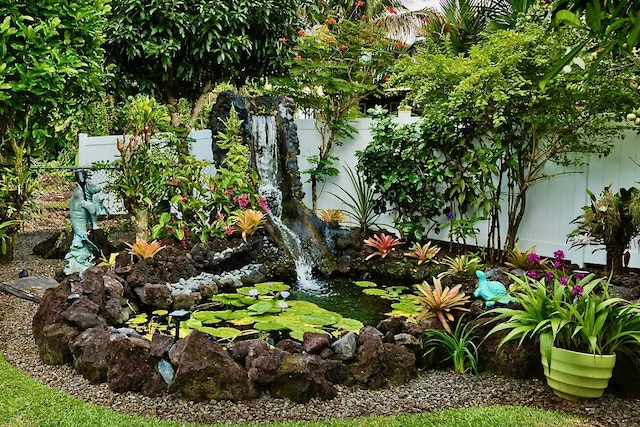 view of yard with a garden pond