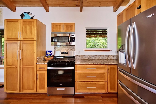 kitchen featuring backsplash, wooden ceiling, beam ceiling, and appliances with stainless steel finishes