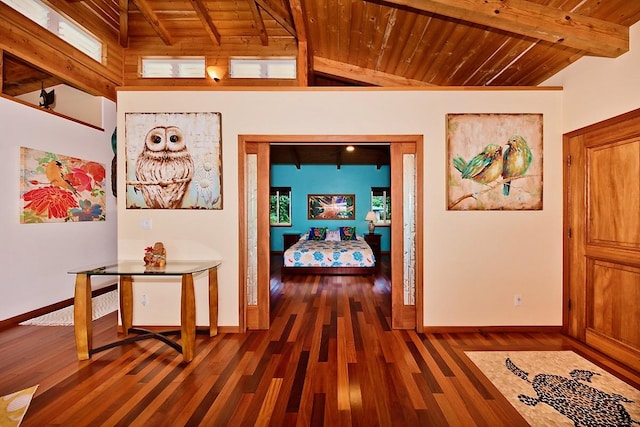 hall featuring dark hardwood / wood-style flooring, high vaulted ceiling, beam ceiling, and wood ceiling