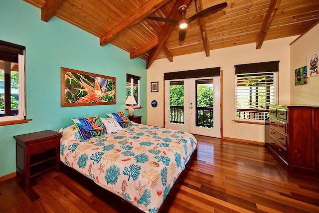 bedroom with wooden ceiling, vaulted ceiling with beams, ceiling fan, dark wood-type flooring, and access to exterior