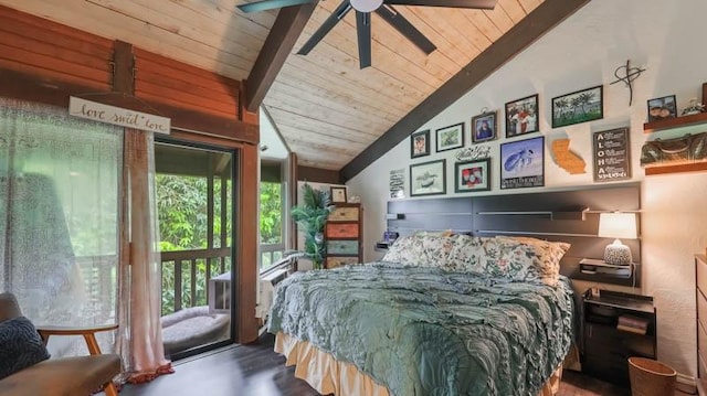 bedroom with access to exterior, vaulted ceiling with beams, ceiling fan, and wood ceiling