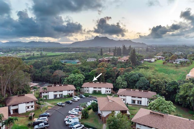 aerial view at dusk with a mountain view