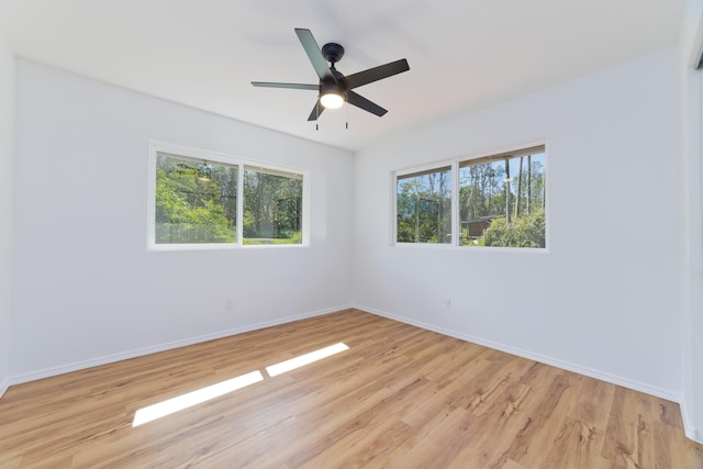 empty room with light hardwood / wood-style flooring and ceiling fan