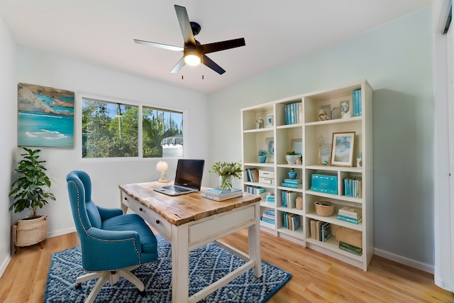 home office with ceiling fan and hardwood / wood-style flooring