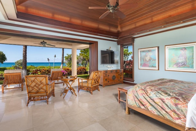 bedroom featuring ceiling fan and wood ceiling