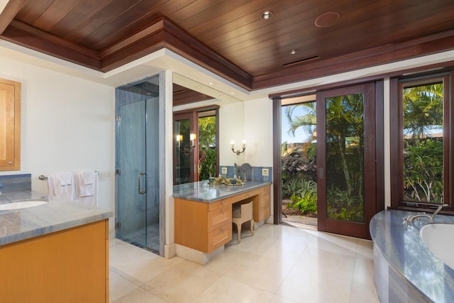 interior space featuring vanity, wooden ceiling, independent shower and bath, and french doors