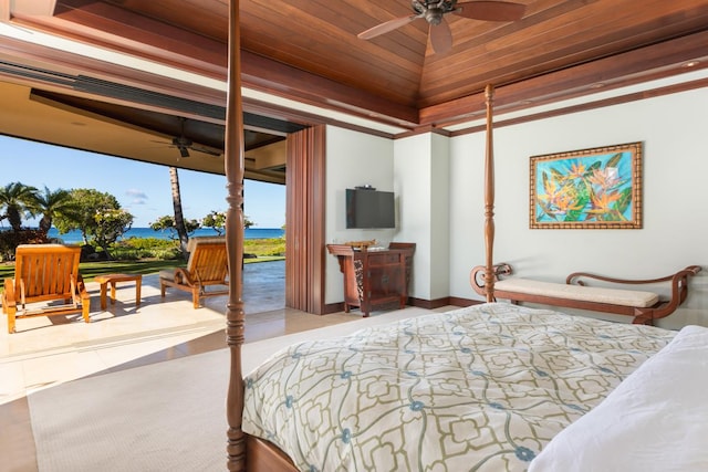 bedroom featuring light tile patterned floors, ornamental molding, ceiling fan, and wooden ceiling