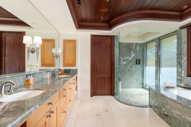 bathroom featuring vanity, wooden ceiling, plus walk in shower, and a tray ceiling