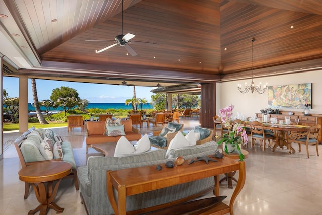 tiled living room featuring ceiling fan with notable chandelier, a water view, wood ceiling, and high vaulted ceiling