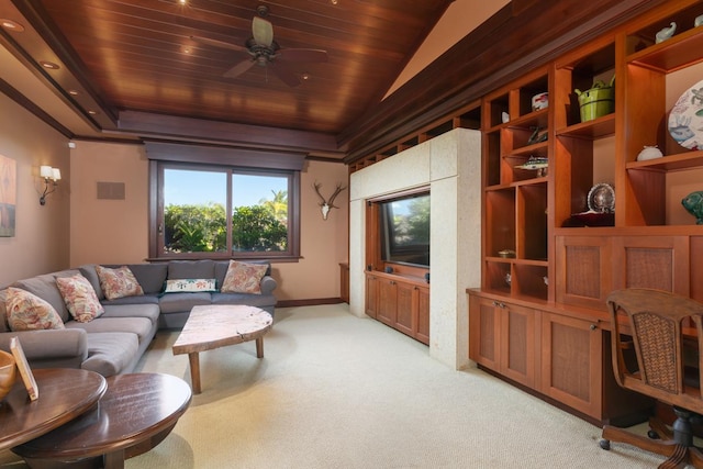 living room featuring lofted ceiling, light colored carpet, ceiling fan, and wooden ceiling