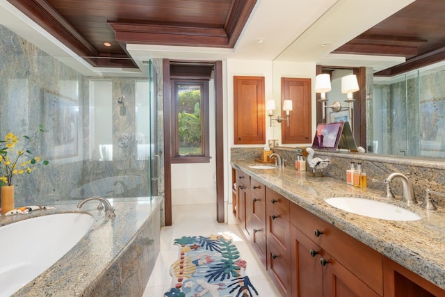 bathroom with tile patterned floors, ornamental molding, vanity, a tray ceiling, and plus walk in shower