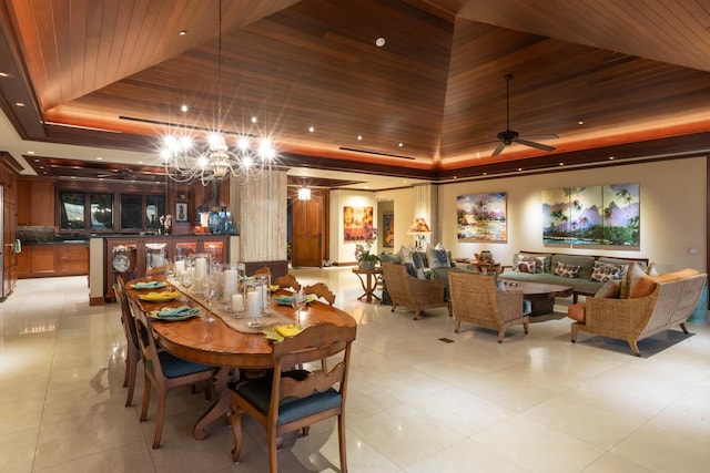 dining space with a raised ceiling, wooden ceiling, and ceiling fan with notable chandelier