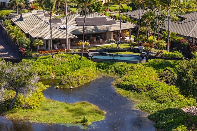 aerial view featuring a water view