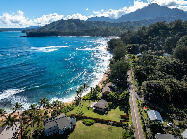 bird's eye view featuring a water and mountain view