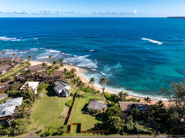 drone / aerial view with a water view and a beach view