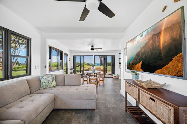 living room with dark hardwood / wood-style floors and ceiling fan