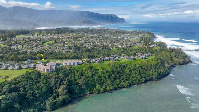 birds eye view of property featuring a water and mountain view