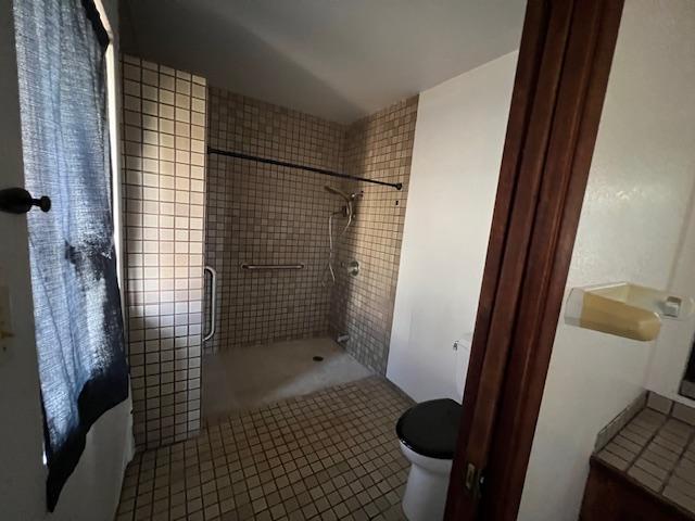 bathroom with tile patterned flooring, toilet, and tiled shower