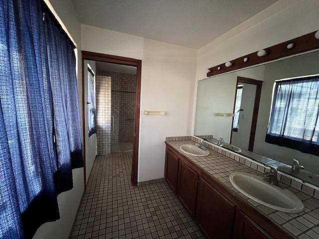 bathroom with a shower, tile patterned flooring, and vanity