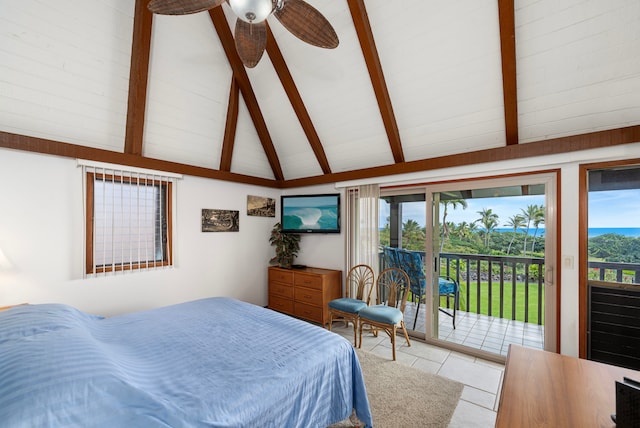 bedroom with high vaulted ceiling, ceiling fan, access to exterior, light tile patterned floors, and beam ceiling