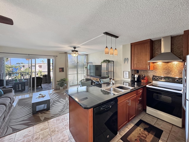 kitchen with ceiling fan, sink, wall chimney exhaust hood, black dishwasher, and white electric stove