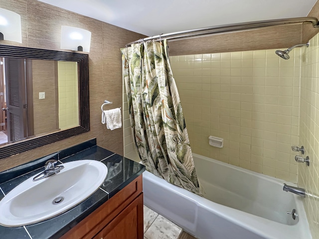 bathroom featuring shower / bath combination with curtain and vanity