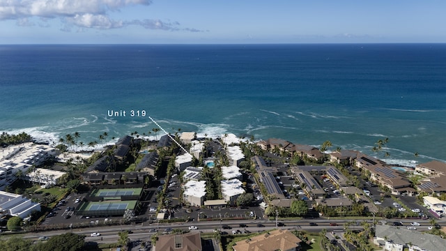 birds eye view of property featuring a water view