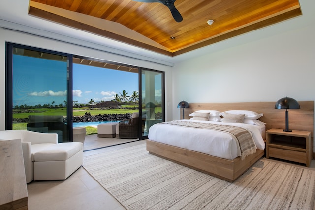 bedroom featuring access to exterior, ceiling fan, wooden ceiling, lofted ceiling, and light tile patterned floors