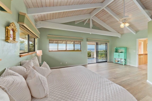 bedroom with high vaulted ceiling, light hardwood / wood-style flooring, ceiling fan, access to exterior, and beamed ceiling