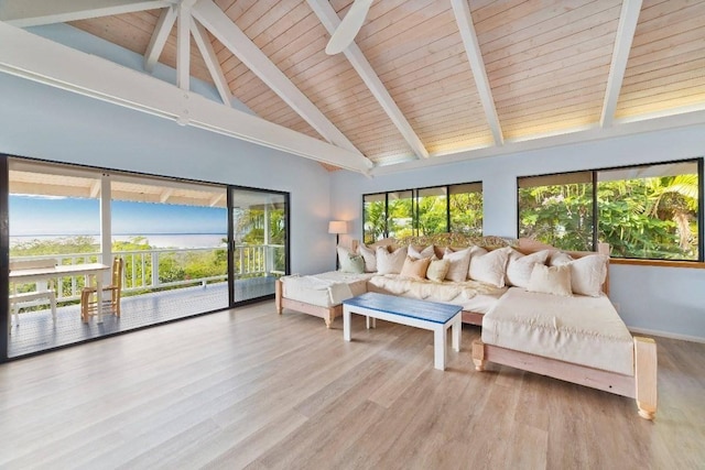 sunroom / solarium featuring lofted ceiling with beams, plenty of natural light, and wooden ceiling