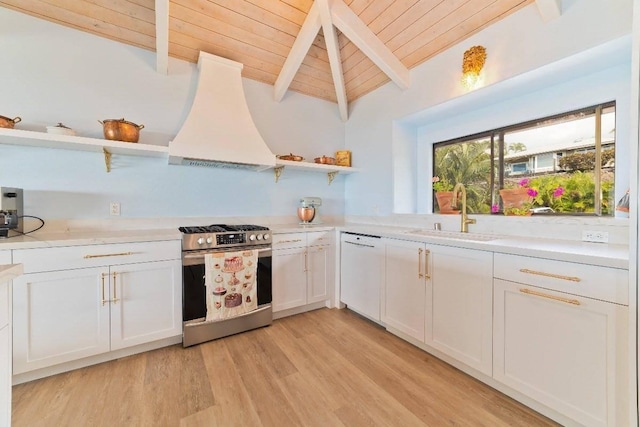 kitchen featuring dishwasher, stainless steel gas range oven, wooden ceiling, ventilation hood, and sink